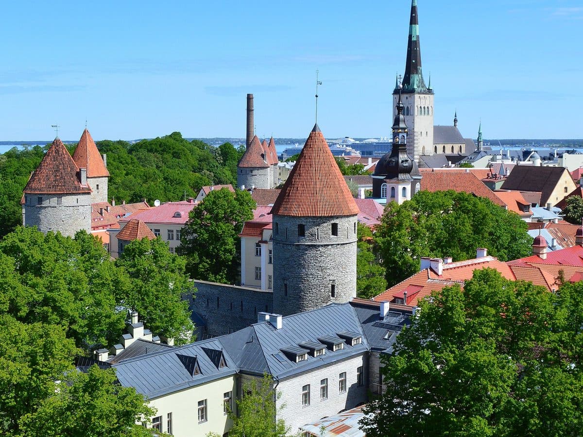 Tallinn's city wall towers and rooftops from above